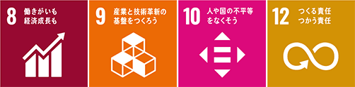 8.働きがいも経済成長も 9.産業と技術革新の基盤をつくろう 10.人や国の不平等をなくそう 12.つくる責任つかう責任